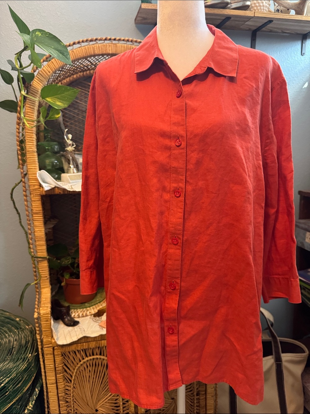 Coldwater Creek Linen Button Down Tunic Blouse Orange Coral SZ XL lightweight
